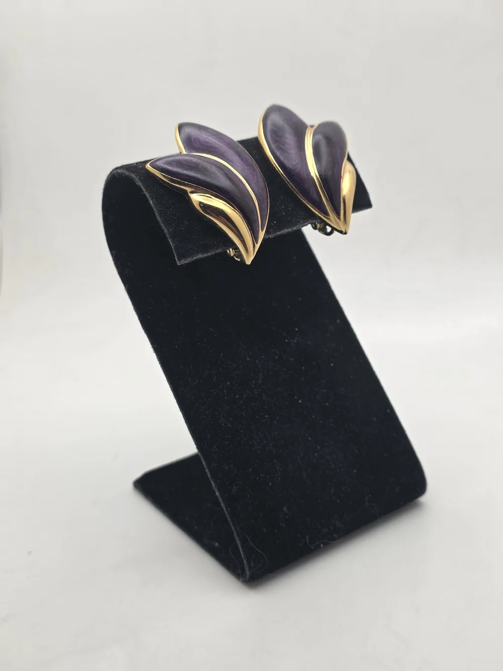 Trifari Gold-Tone Earrings with Deep Purple Enamel Petals